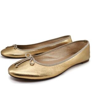 J. Crew Kiki Gold Metallic Italian Leather Grosgrain Trim & Bow Ballet Flats